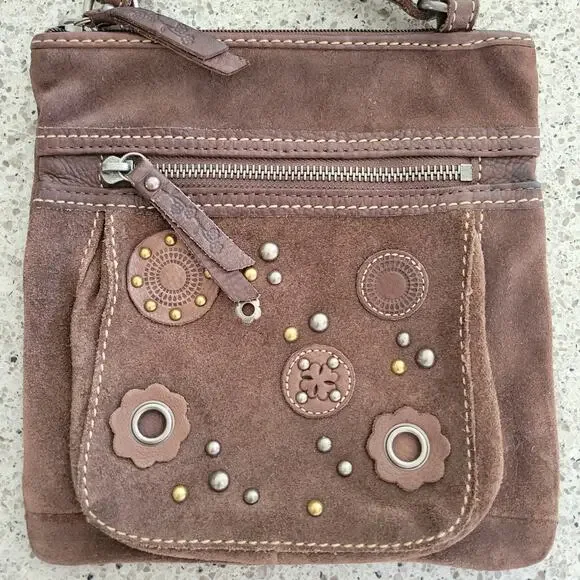 Fossil Brown Leather Suede Crossbody Bag Floral Stud Grommet Applique Full Zip - Picture 14 of 15